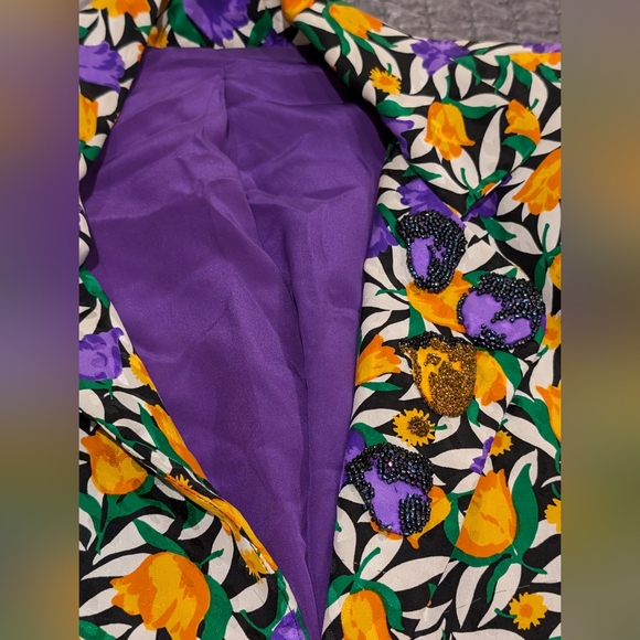 Perfect Vintage Silk Floral Beaded and Purple 80s Reversible Blazer sz M? - Picture 5 of 12